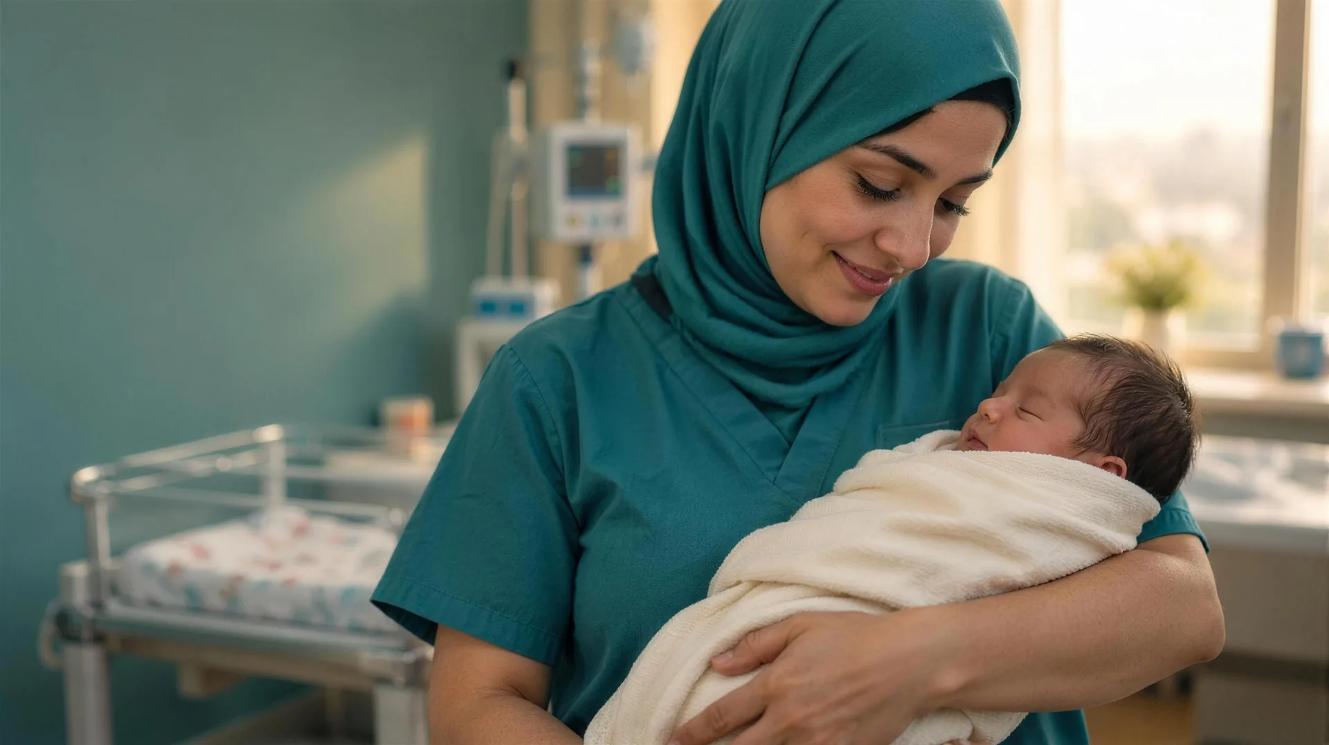 Smiling Arab nurse in a hospital setting, professional nursing care