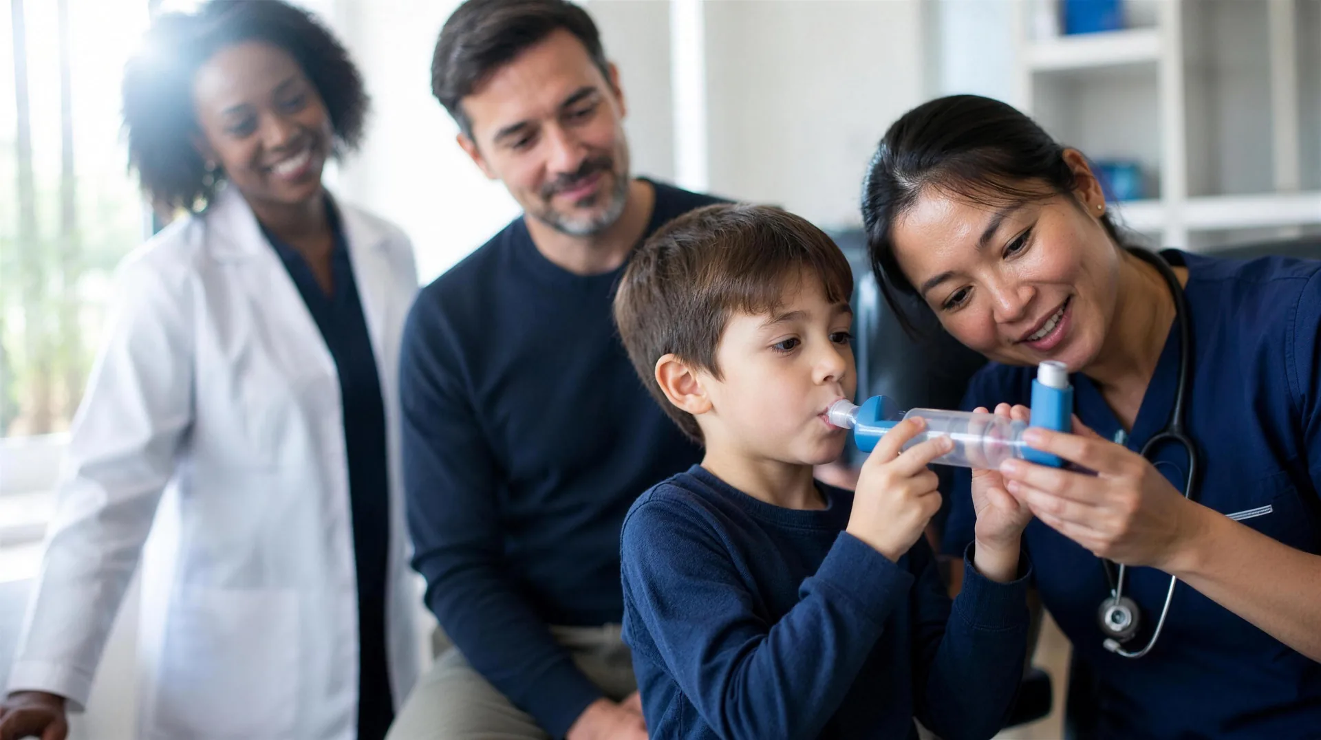 A healthcare team supporting a patient with asthma treatment