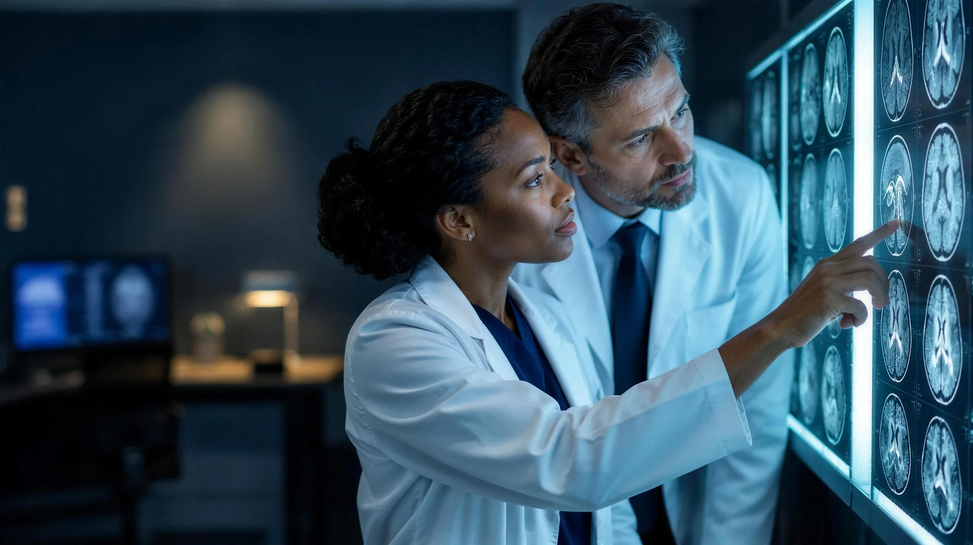 A group of three medical specialists and laboratory researchers in white coats working collaboratively in a modern healthcare facility, reviewing brain MRI scans on a dual-monitor screen and examining samples using a microscope. The setting features advanced medical testing equipment, a DNA helix model, and clear windows overlooking a corporate medical park, reflecting diagnostic accuracy and precision medicine practices at TheKnowHow.