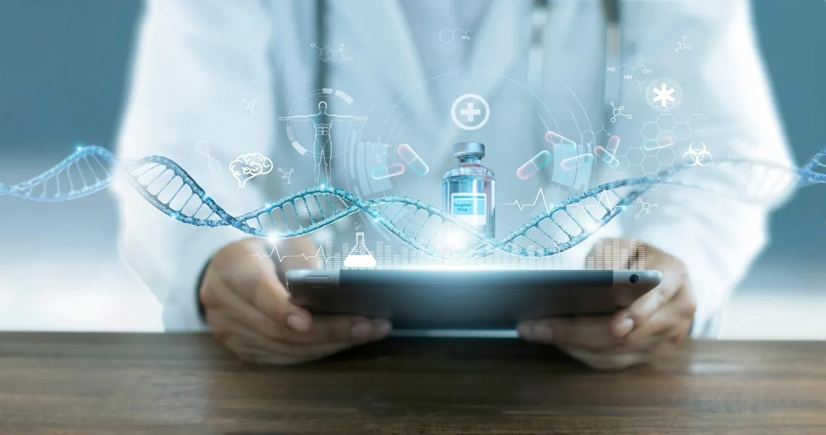 Precision medicine in uae : Medical professional with precision medicine digital DNA analysis for personalized oncology treatment