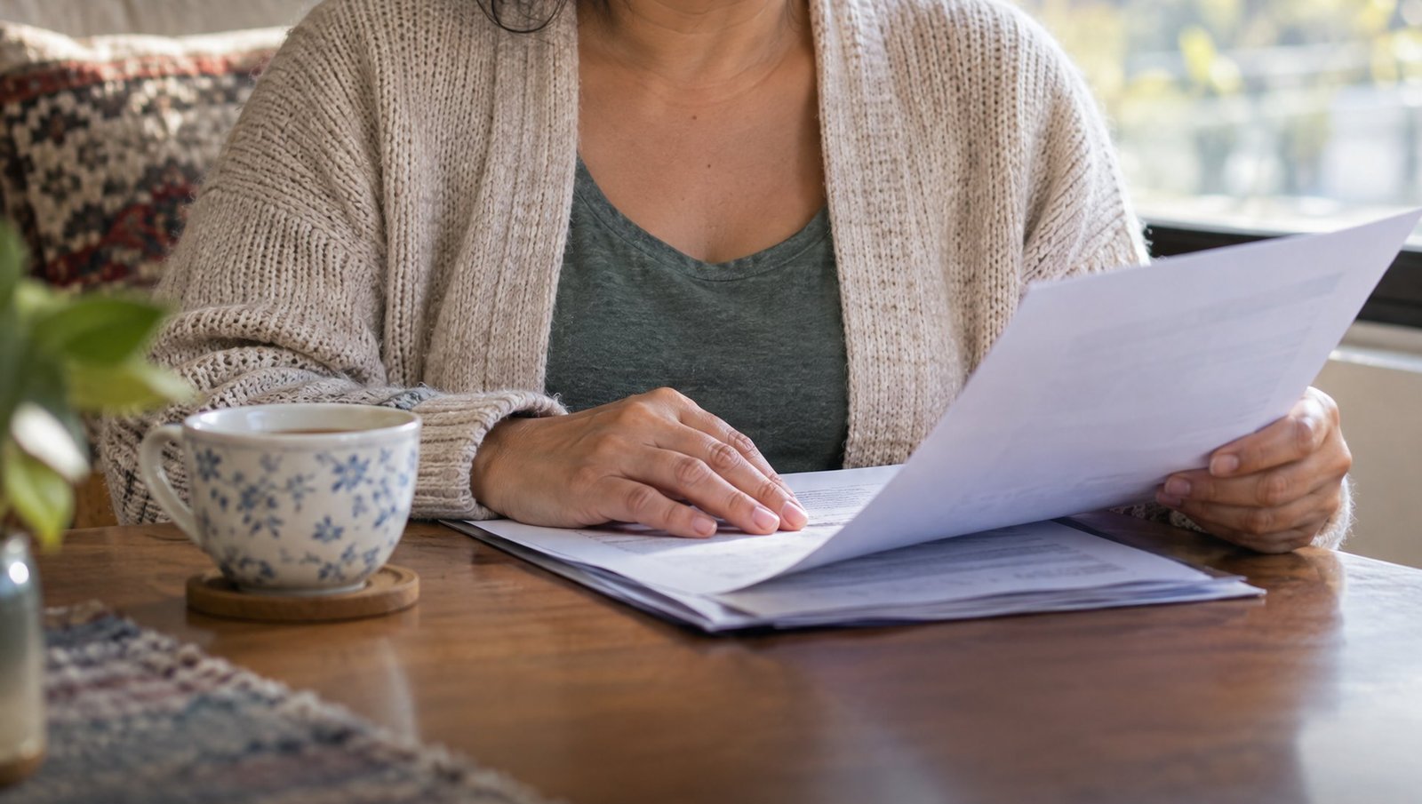 Une femme lit son compte rendu médical chez elle