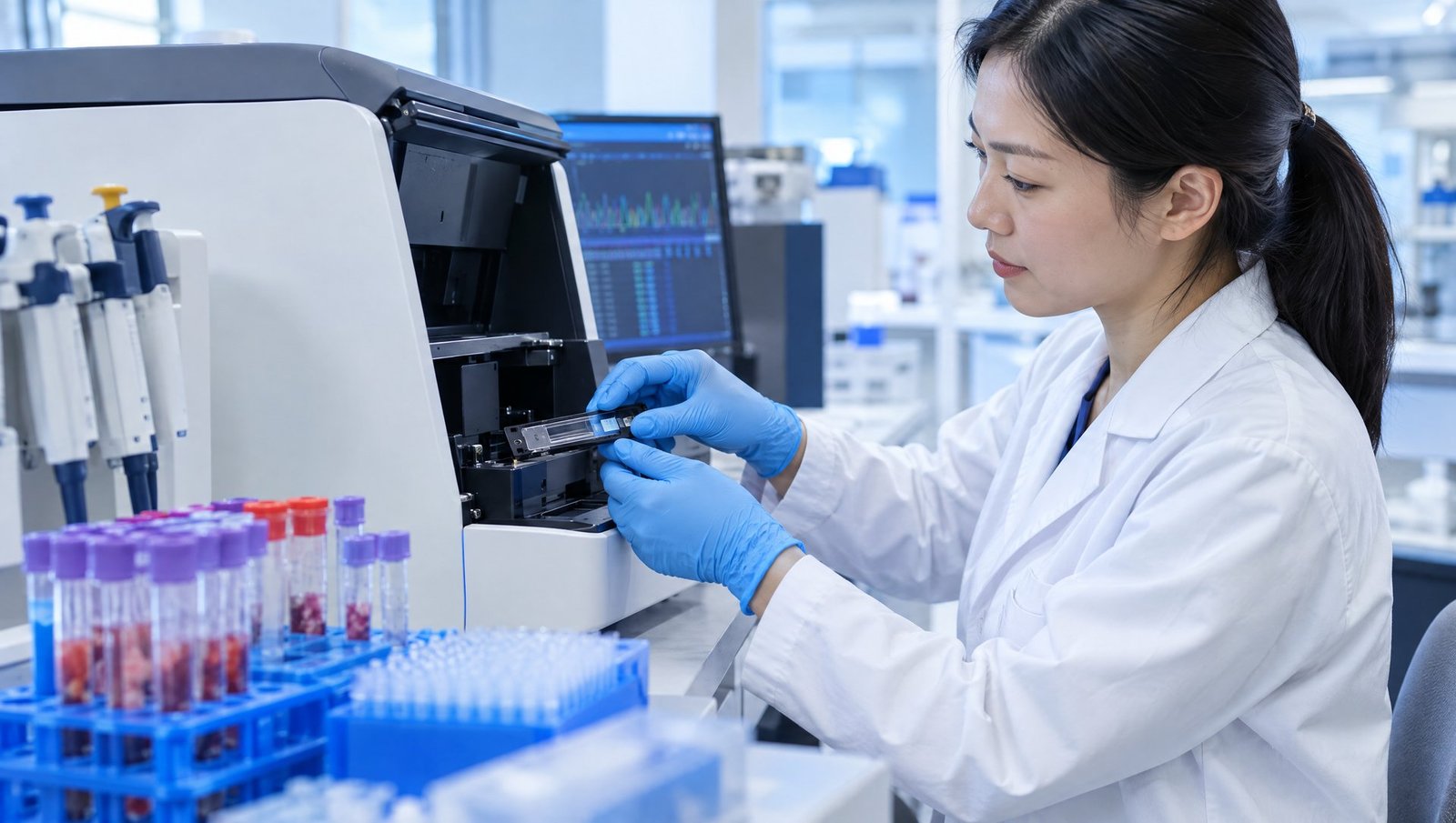 A scientist loading a DNA sequencer in a molecular laboratory