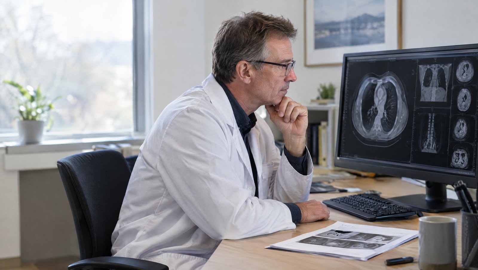 A specialist reviewing anonymized scans and a case summary at his desk